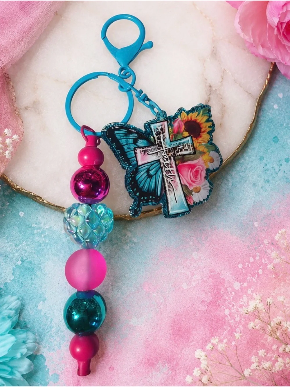 Hand Crafted Teal Butterfly & Cross Keychain with Pink and Teal Beads